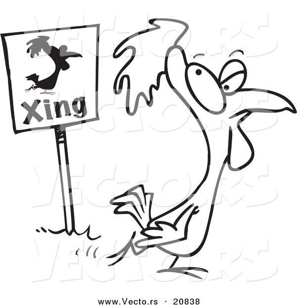 Vector of a Cartoon Chicken Crossing by a Sign - Coloring Page Outline