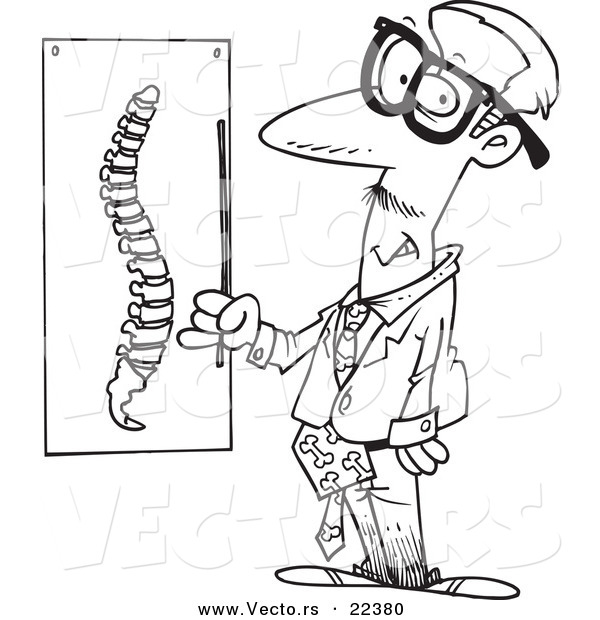 Vector of a Cartoon Chiropractor by a Spine Chart - Coloring Page Outline