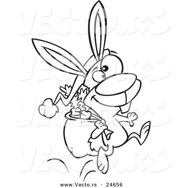 Vector of a Cartoon Christmas Bunny Hopping with Carrots in His Sack - Outlined Coloring Page