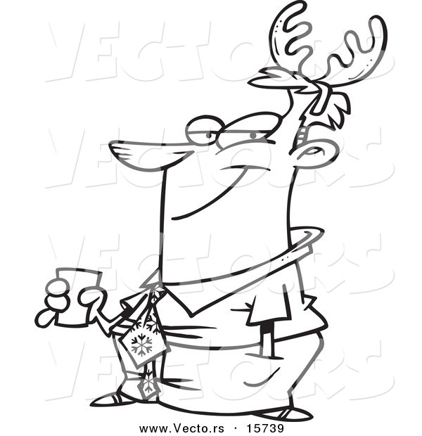 Vector of a Cartoon Christmas Businessman Wearing Antlers - Coloring Page Outline