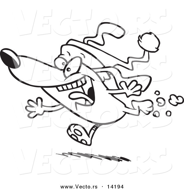 Vector of a Cartoon Christmas Dog Running and Wearing a Santa Hat - Coloring Page Outline