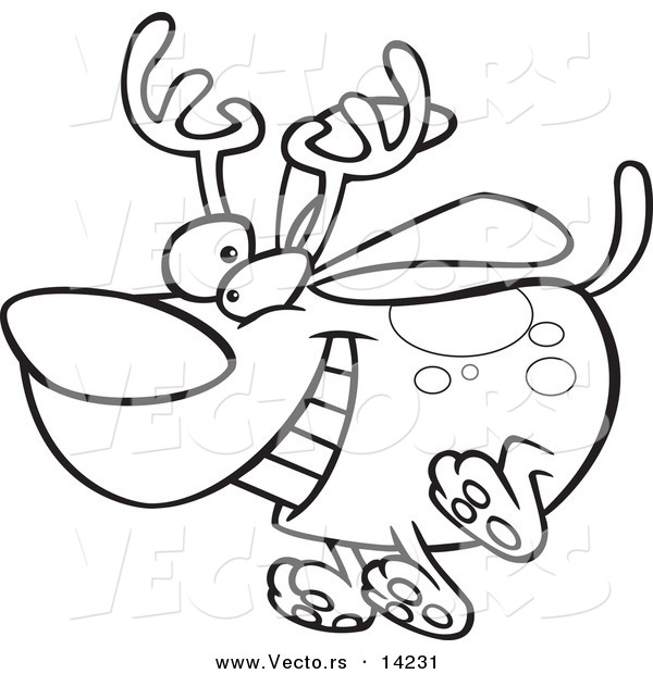 Vector of a Cartoon Christmas Dog Running and Wearing Antlers - Coloring Page Outline