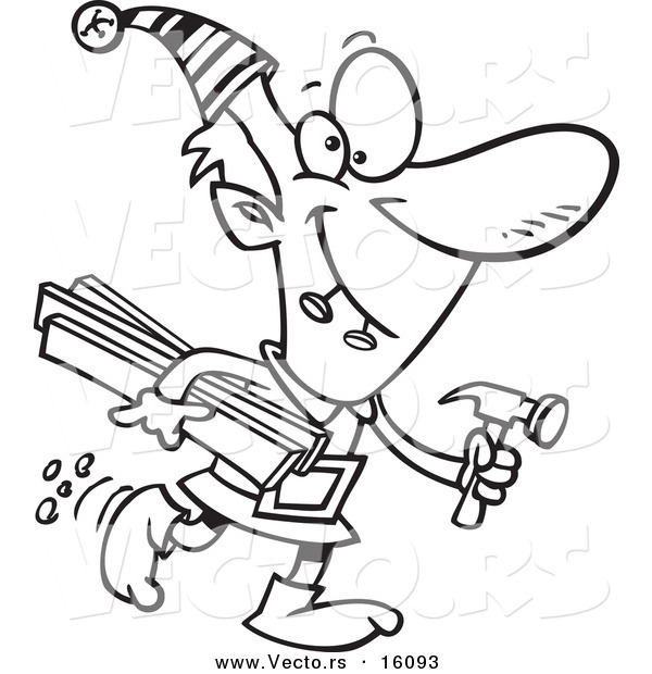 Vector of a Cartoon Christmas Elf Carrying Lumber and a Hammer - Outlined Coloring Page Drawing