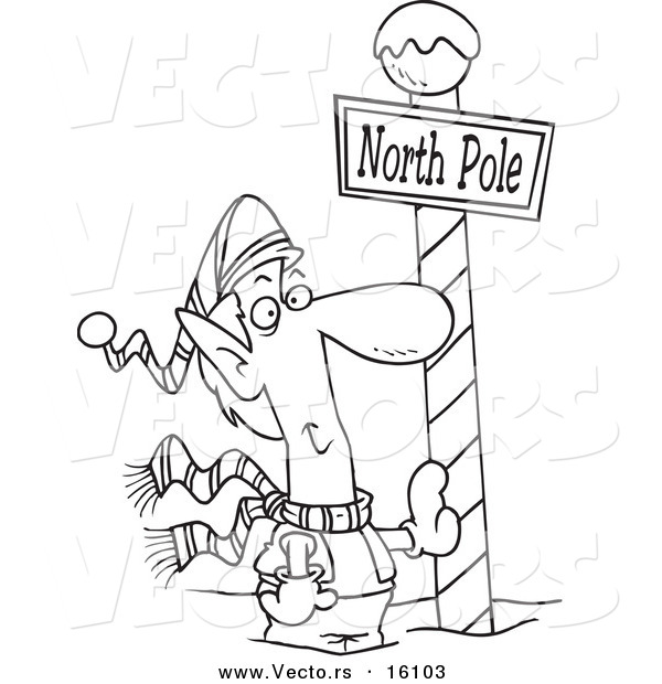 Vector of a Cartoon Christmas Elf Leaning Against a North Pole Post - Outlined Coloring Page Drawing