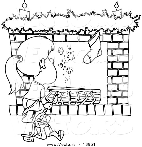 Vector of a Cartoon Christmas Girl Waiting for Santa at the Fire Place - Coloring Page Outline