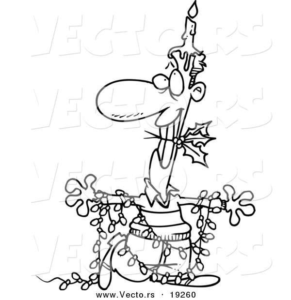 Vector of a Cartoon Christmas Man in Lights, with a Candle and Holly - Outlined Coloring Page