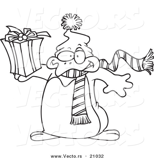 Vector of a Cartoon Christmas Penguin Holding a Gift - Coloring Page Outline