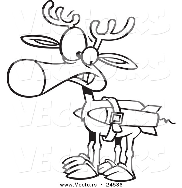 Vector of a Cartoon Christmas Reindeer with Strapped Rockets - Outlined Coloring Page