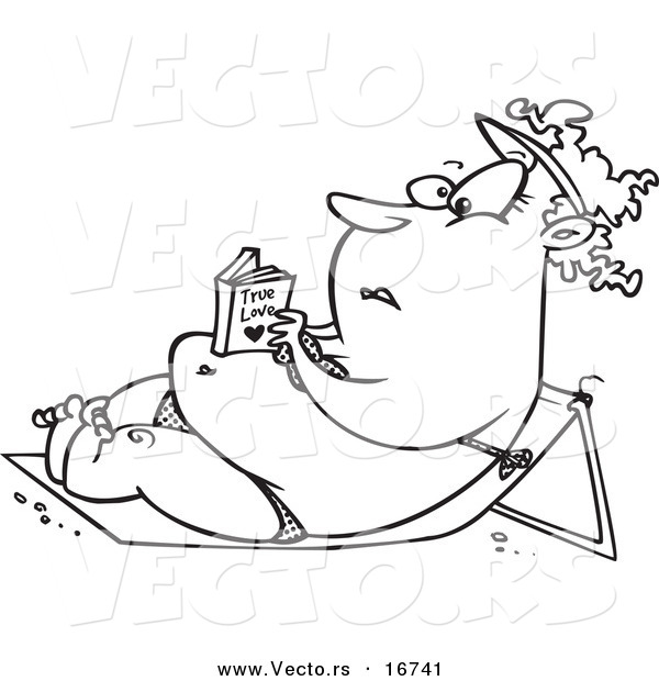 Vector of a Cartoon Chubby Girl Reading a Romance Novel and Sun Bathing in a Beach Chair - Outlined Coloring Page Drawing