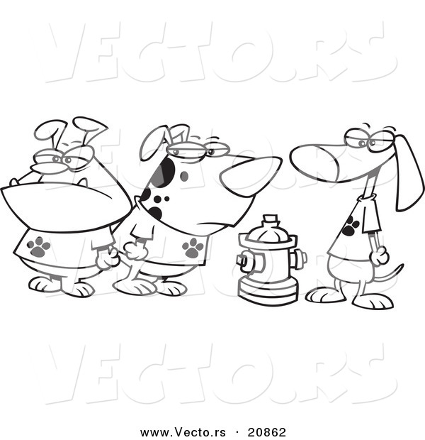 Vector of a Cartoon Clique of Dogs by a Hydrant - Coloring Page Outline