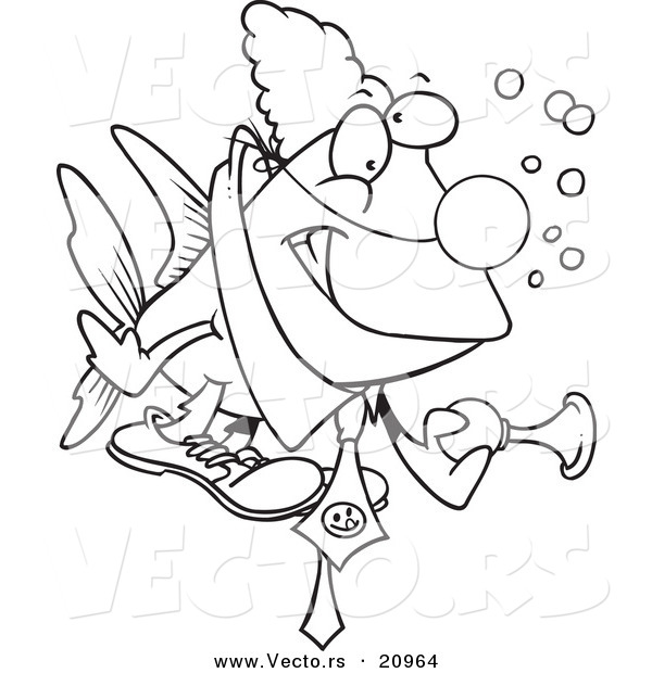 Vector of a Cartoon Clown Fish Holding a Horn - Coloring Page Outline