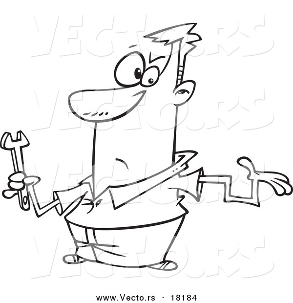 Vector of a Cartoon Clueless Repair Man with a Crooked Arm - Outlined Coloring Page