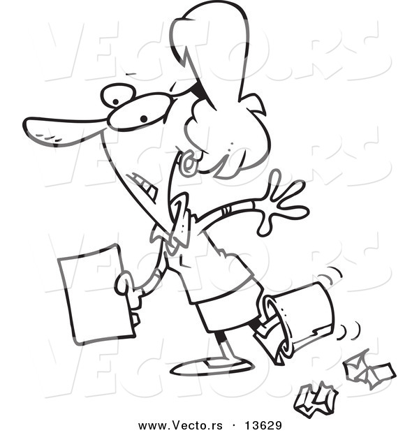 Vector of a Cartoon Clumsy Businesswoman Walking with Her Foot in a Trash Bin - Coloring Page Outline
