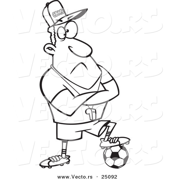 Vector of a Cartoon Coach Man Resting a Foot on a Soccer Ball - Outlined Coloring Page