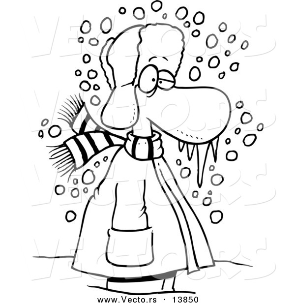 Vector of a Cartoon Cold Winter Man Standing in the Snow with Frozen Snot - Coloring Page Outline