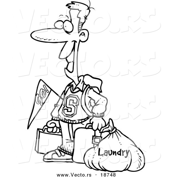 Vector of a Cartoon College Boy Returning Home with Dirty Laundry - Outlined Coloring Page