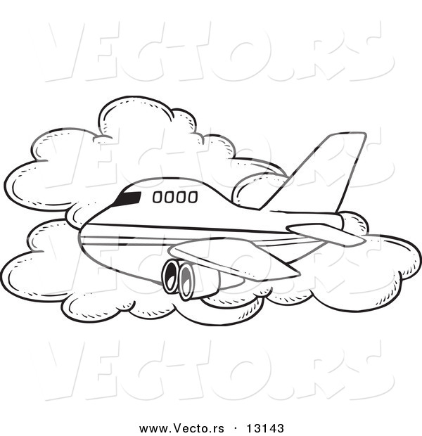 Vector of a Cartoon Commercial Airliner Passing a Cloud in Flight - Coloring Page Outline