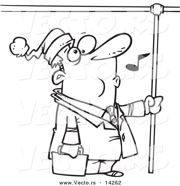 Vector of a Cartoon Commuting Businessman Whistling and Wearing a Santa Hat - Coloring Page Outline