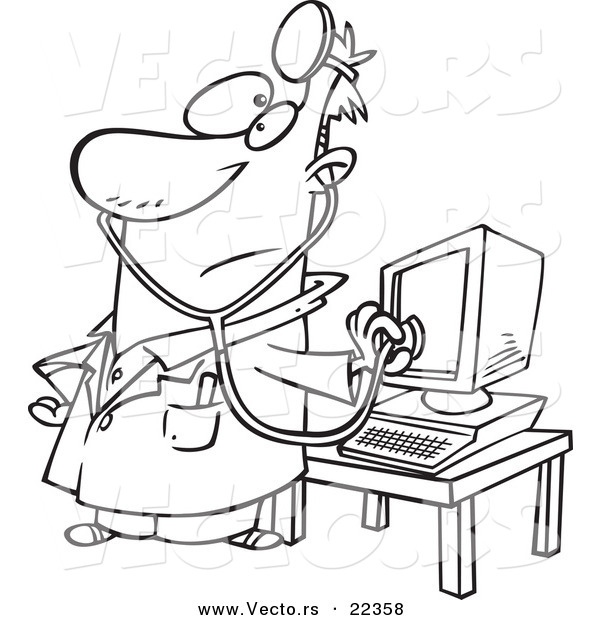 Vector of a Cartoon Computer Doctor - Coloring Page Outline