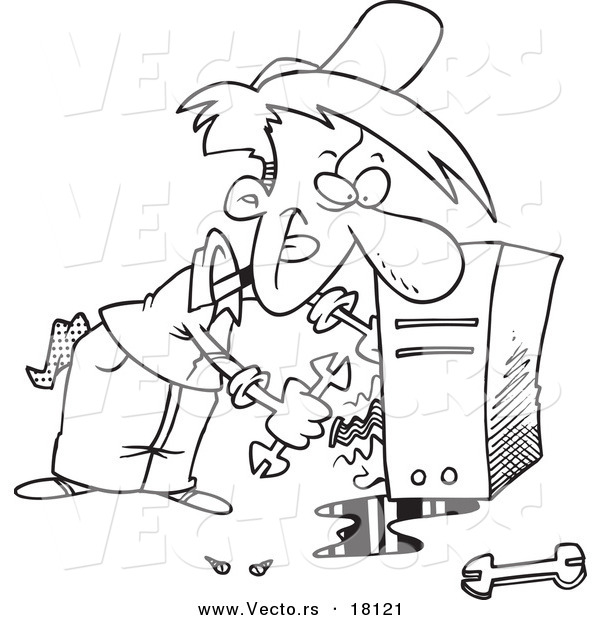 Vector of a Cartoon Computer Repair Man Working on Wires - Outlined Coloring Page