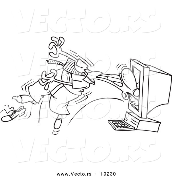 Vector of a Cartoon Computer Sucking in a Businessman - Outlined Coloring Page