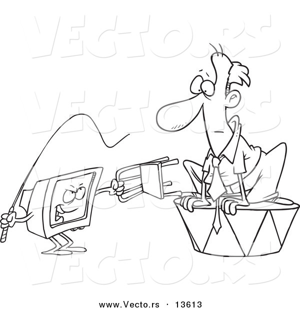 Vector of a Cartoon Computer Training a Businessman with a Whip - Coloring Page Outline