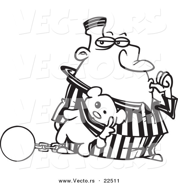 Vector of a Cartoon Con Sucking His Thumb and Holding a Teddy Bear - Coloring Page Outline