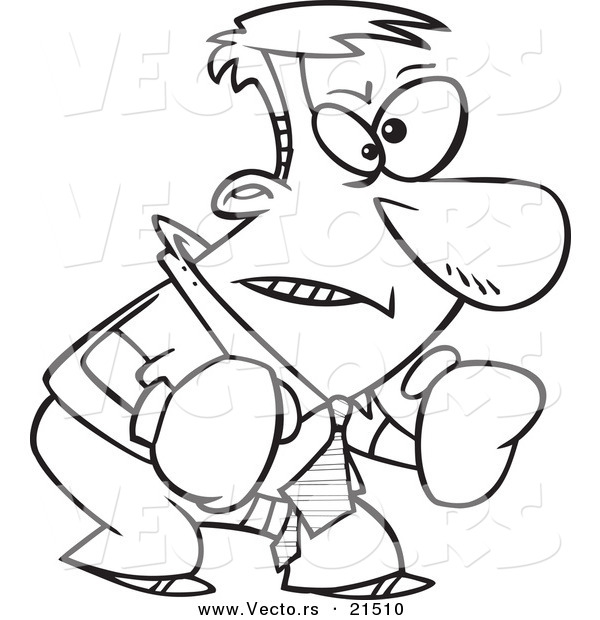 Vector of a Cartoon Confrontational Businessman Wearing Boxing Gloves - Outlined Coloring Page