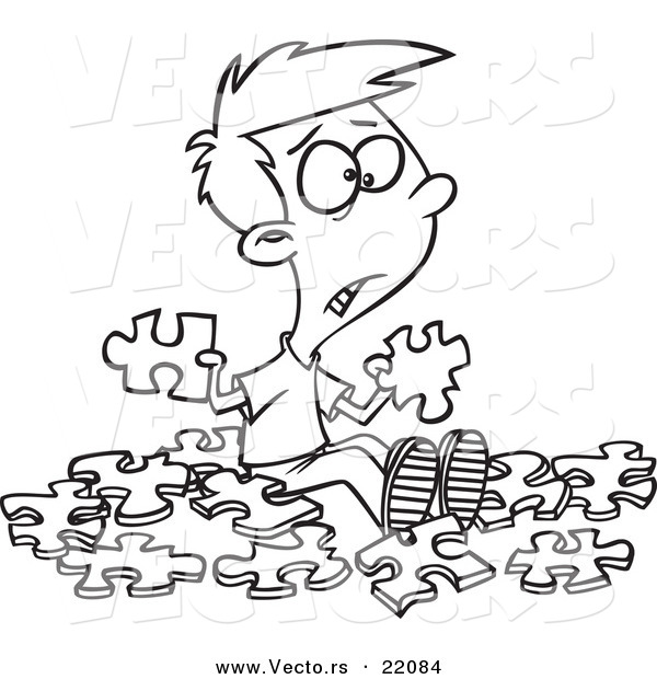 Vector of a Cartoon Confused Boy with Similar Puzzle Pieces - Outlined Coloring Page