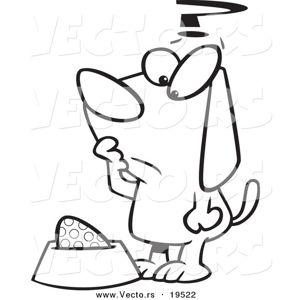 Vector of a Cartoon Confused Dog Staring at an Egg in His Dish - Outlined Coloring Page
