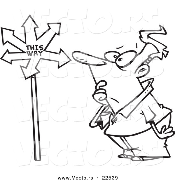 Vector of a Cartoon Confused Man Viewing an Arrow Sign - Coloring Page Outline