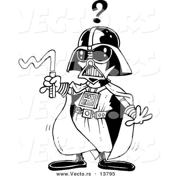 Vector of a Cartoon Confused Vadar Man with a Broken Weapon - Coloring Page Outline