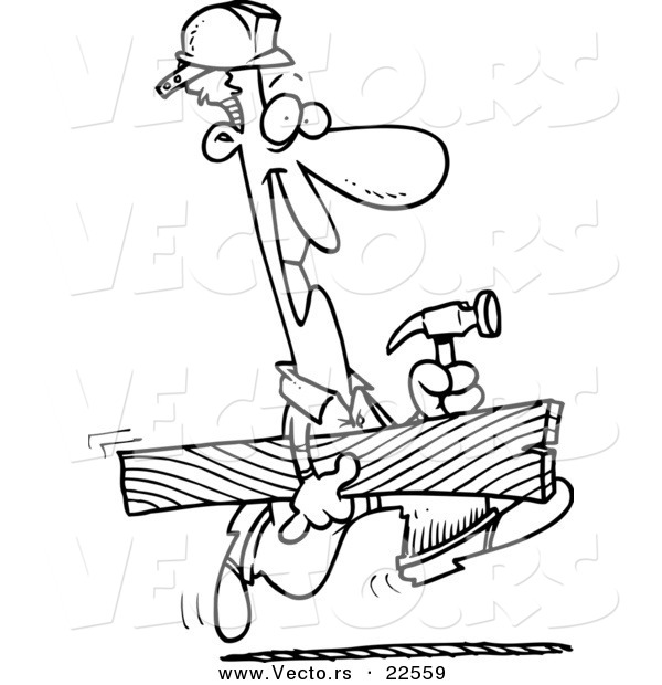 Vector of a Cartoon Construction Guy Carrying a Board - Coloring Page Outline