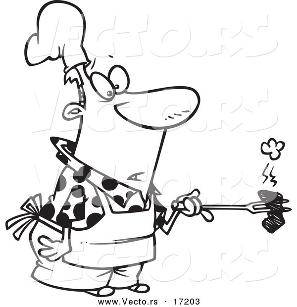 Vector of a Cartoon Cook Holding a Burnt Piece of Meat - Coloring Page Outline