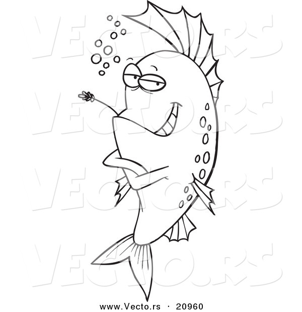 Vector of a Cartoon Cool Fish Chewing on Straw - Coloring Page Outline