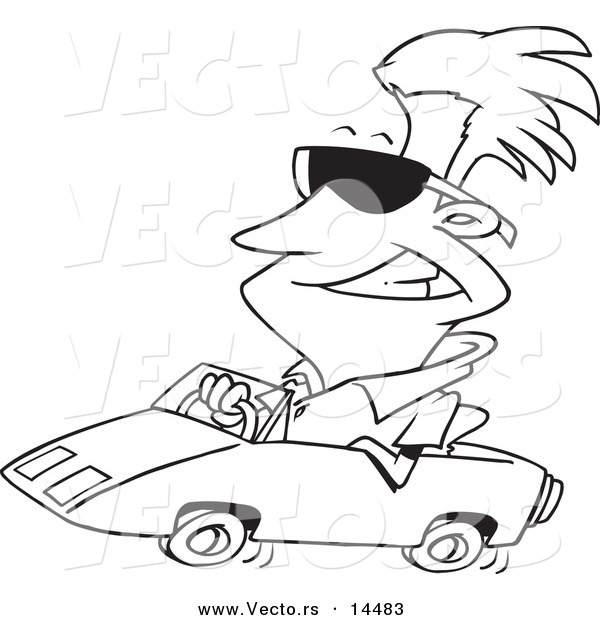 Vector of a Cartoon Cool Man Wearing Shades and Driving a Convertible - Coloring Page Outline
