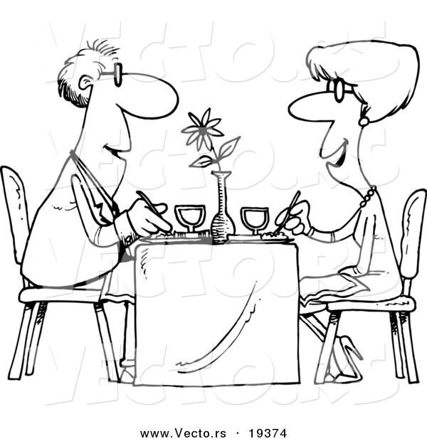 Vector of a Cartoon Couple Dining at a Restaurant - Outlined Coloring Page
