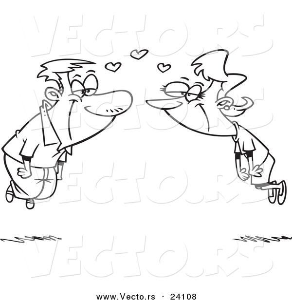 Vector of a Cartoon Couple Floating with Hearts - Coloring Page Outline