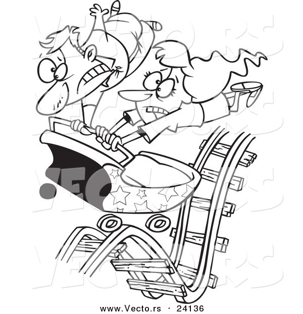 Vector of a Cartoon Couple Hitting Ups and Downs on a Roller Coaster - Coloring Page Outline