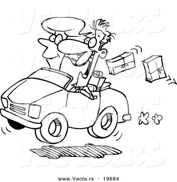 Vector of a Cartoon Couple in a Car, Dropping Packages - Outlined Coloring Page