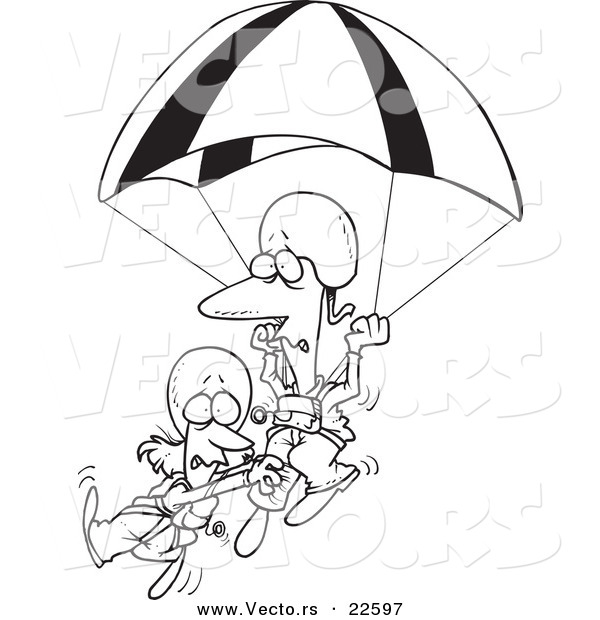 Vector of a Cartoon Couple Parachuting - Coloring Page Outline