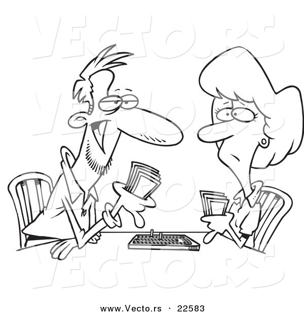 Vector of a Cartoon Couple Playing Cribbage - Coloring Page Outline