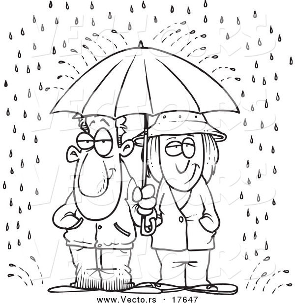 Vector of a Cartoon Couple Sharing an Umbrella in the Rain - Coloring Page Outline