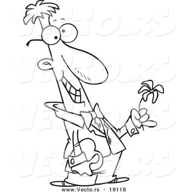 Vector of a Cartoon Courting Man Holding a Flower and a Gift - Outlined Coloring Page