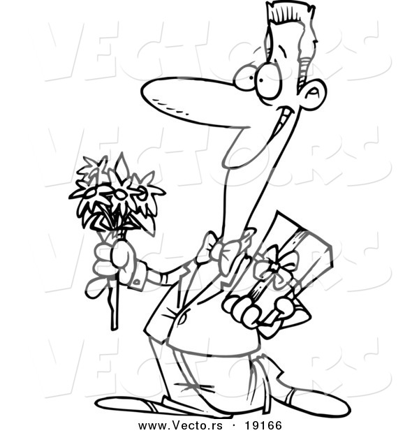 Vector of a Cartoon Courting Man Holding Flowers and a Gift - Outlined Coloring Page