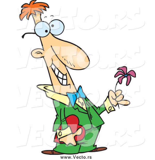 Vector of a Cartoon Courting Red Haired White Nerdy Man Holding a Flower and a Gift