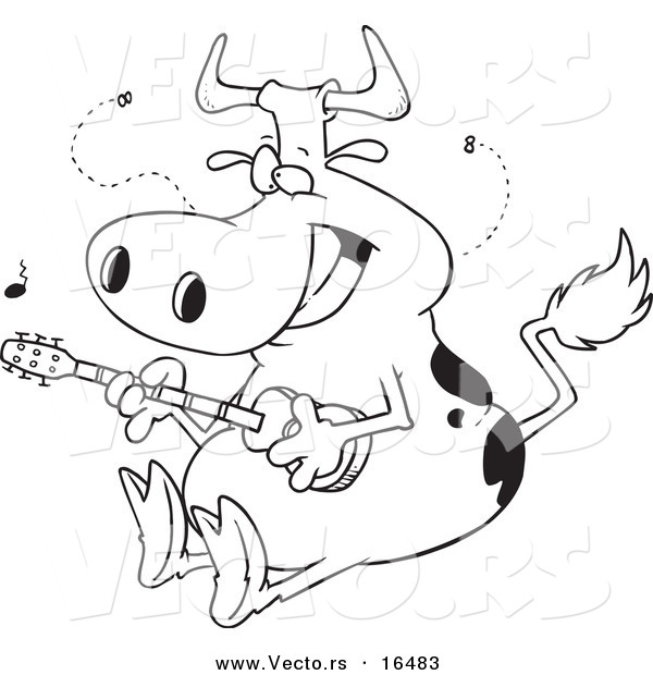 Vector of a Cartoon Cow Guitarist - Outlined Coloring Page Drawing