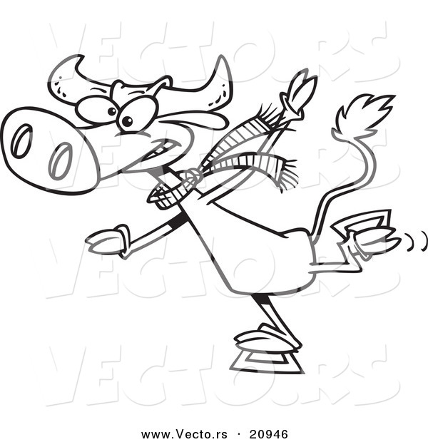 Vector of a Cartoon Cow Ice Skating - Coloring Page Outline