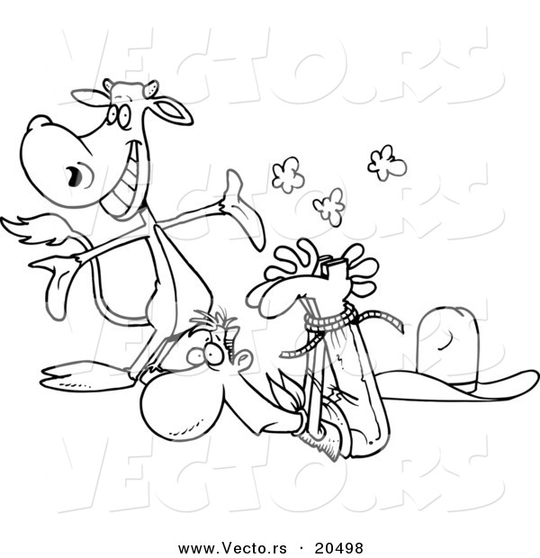 Vector of a Cartoon Cow Presenting a Roped up Cowboy - Coloring Page Outline