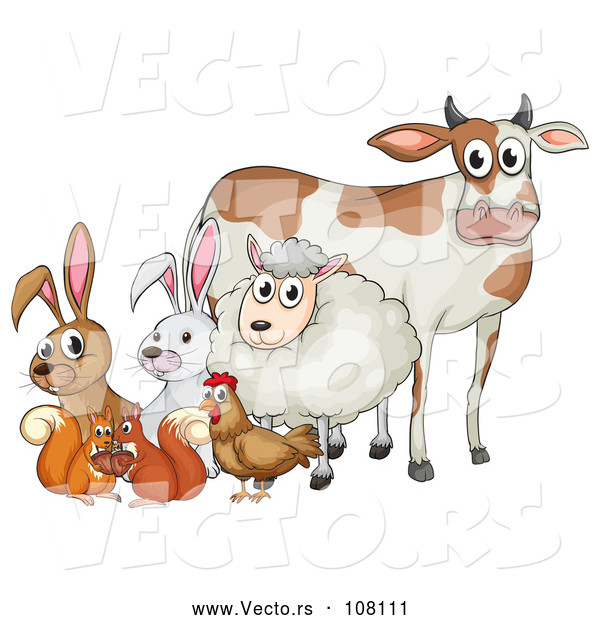 Vector of a Cartoon Cow, Sheep, Rabbit, Chicken, Squirrels and Rabbit